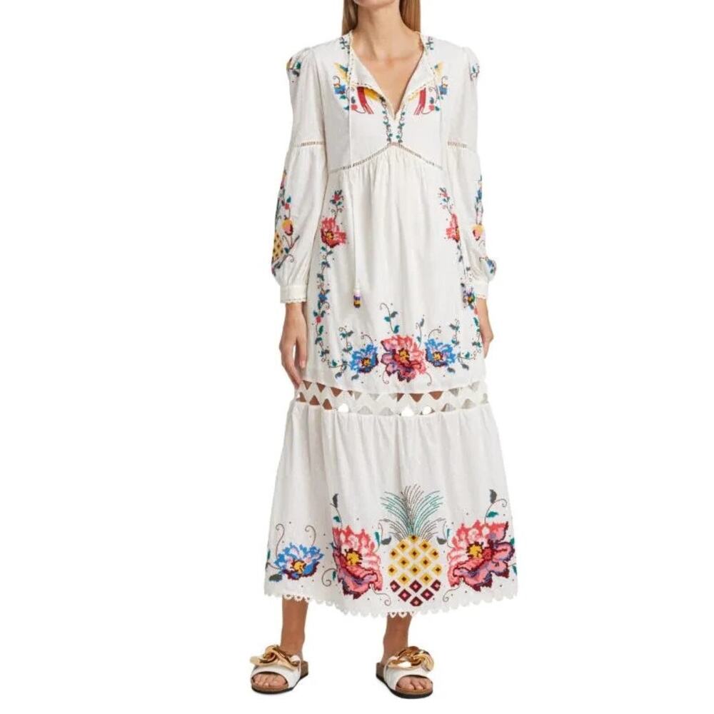 Farm Rio Macaw Pineapple Cross-Stitch Embroidered Maxi Dress NWT Medium